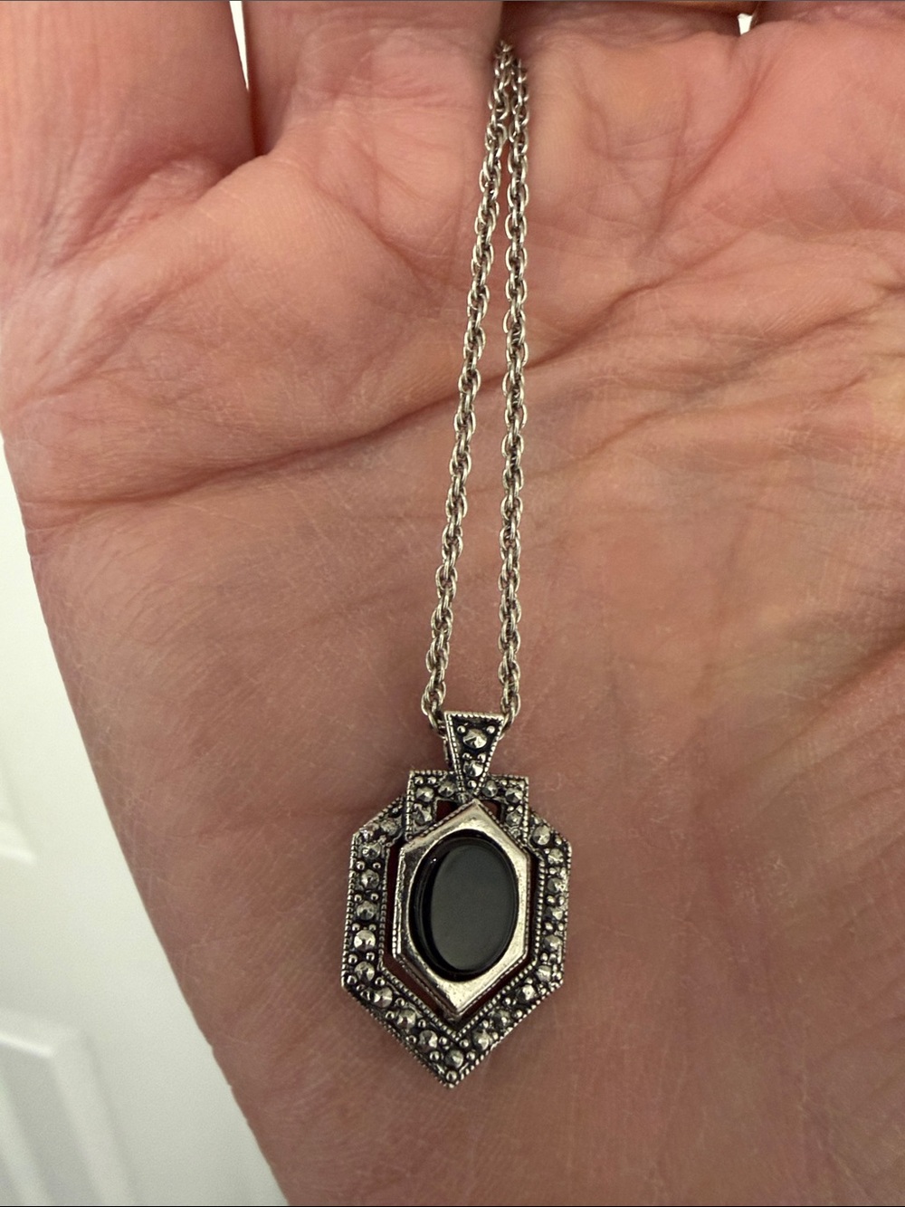 Silver-Tone Black Onyx Hexagonal Pendant Necklace